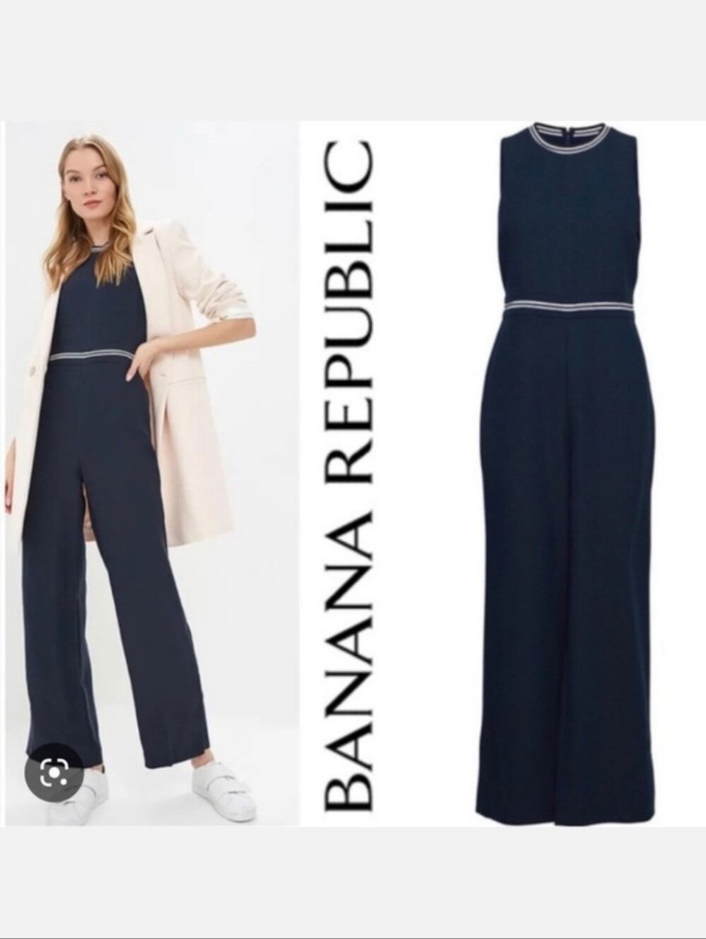 Banana Republic Navy Blue Jumpsuit Size 10 White Stripe Trim Wide Leg